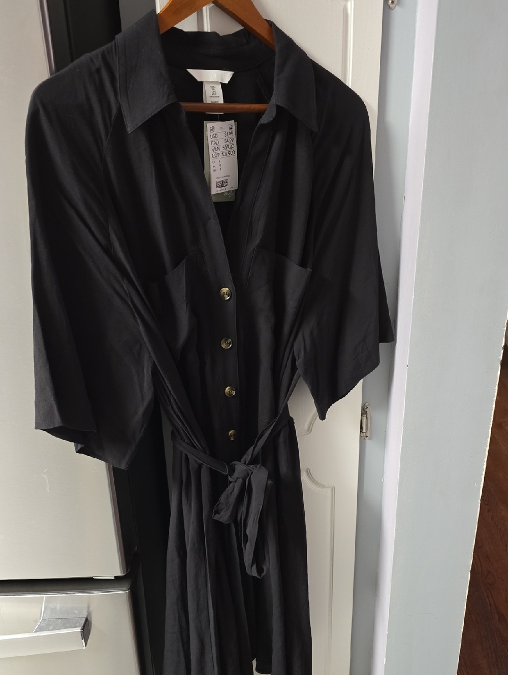 H&M Black Button-Front Belted Shirt Dress